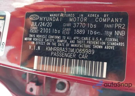 2021 Hyundai Venue Se z USA, uszkodzony, nr VIN KMHRB8A31MU065989